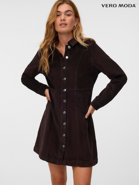 Brown - Vero Moda Long Sleeve Corduroy Mini Dress