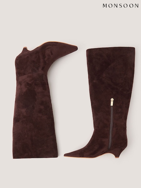 Brown - Monsoon Isha Faux Suede Knee High Heeled Boots