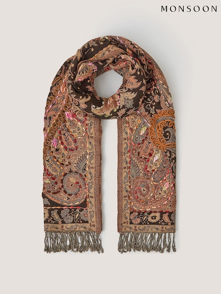 Brown - Monsoon Ingrid Embroidered Paisley Print Scarf