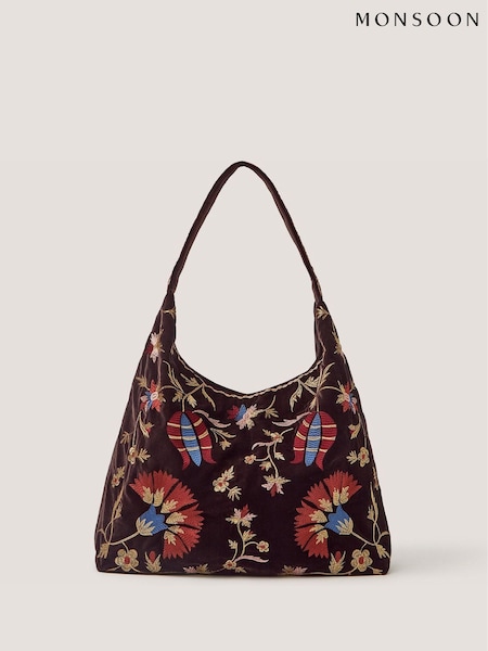 Brown - Monsoon Hatti Embroidered Velvet Slouchy Shoulder Bag