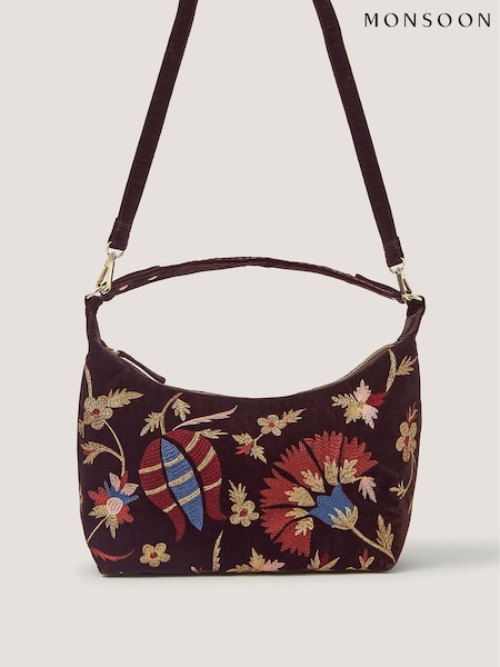 Brown - Monsoon Hatti Embroidered Velvet Crossbody Bag