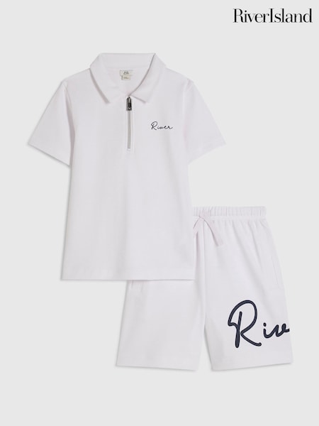White - River Island Logo Polo Shirt & Short Set