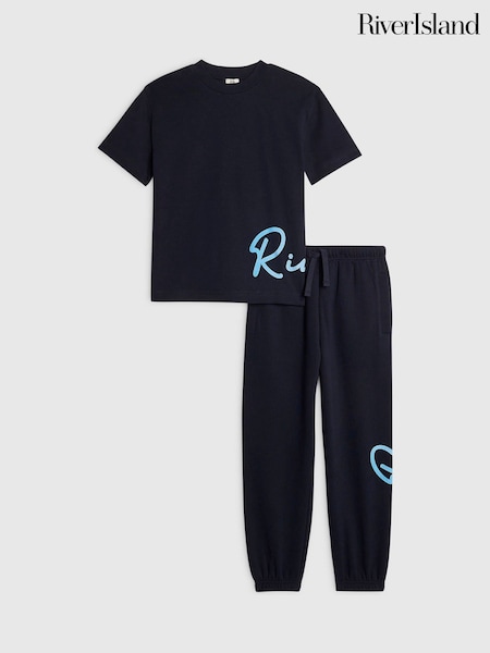 أزرق - River Island River Logo T-shirt & Jogggers Set