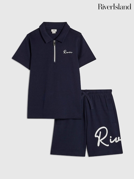 Blue - River Island River Logo Polo Shirt & Shorts Set
