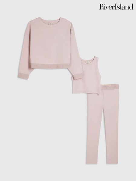 Pink - River Island Split Back Logo Sweatshirt & Leggings Set 3 Piece