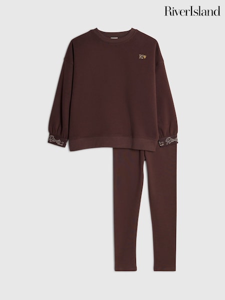 Brown - River Island Split Back Logo Sweatshirt & Leggings Set