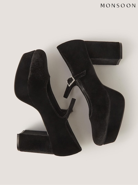 Black - Monsoon Polly Velvet Mary Jane Platform Heels