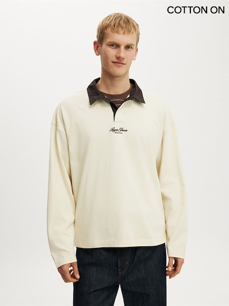 Cream - Regular Cotton On Box Fit Rugby Polo Shirt