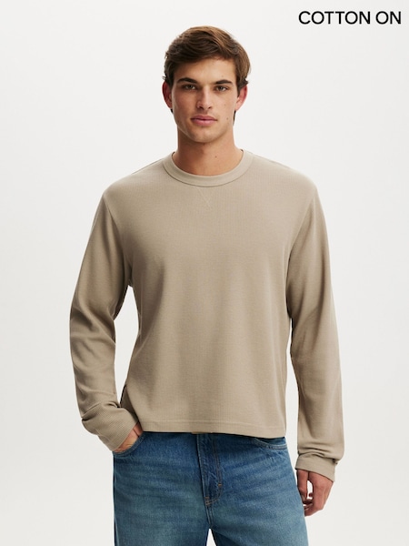 Hazelnut Waffle - Regular Cotton On Cropped Fit Textured Long Sleeve T-shirt