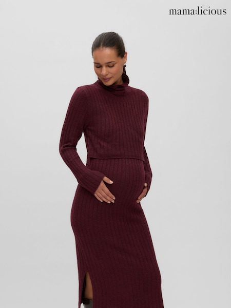 Қызыл - Mamalicious Maternity And Nursing Long Sleeve Knitted Midi Dress