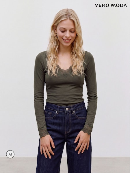 Green - Vero Moda Long Sleeve V-neck Lace Trim Top