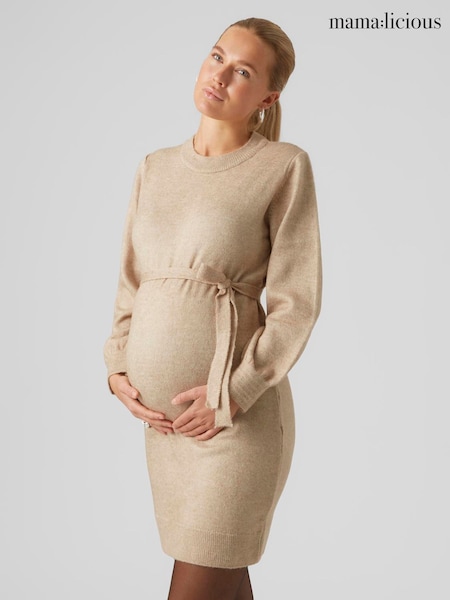 Natur - Mamalicious Maternity Long Sleeve Knitted Belted Dress