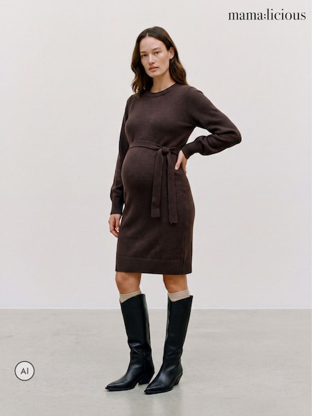 Brown - Mamalicious Maternity Long Sleeve Knitted Belted Dress