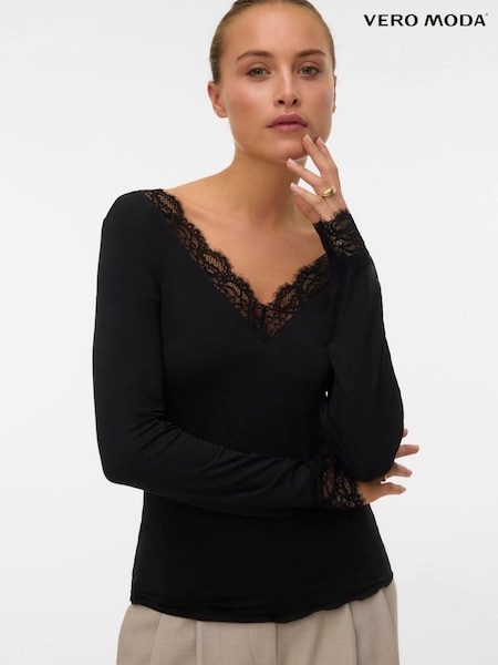 Black - Vero Moda Long Sleeve V-neck Lace Trim Top