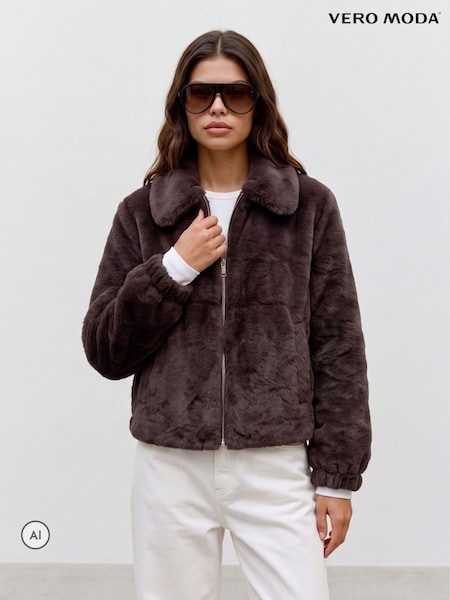Brown - Vero Moda Plush Faux Fur Short Jacket