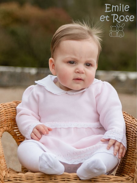 وردي - Emile Et Rose Millie Knitted Dress With Crocheted Edges, Large Collar & Tights
