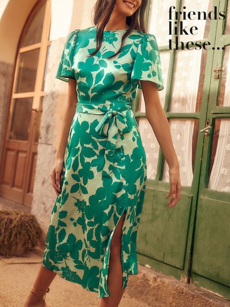 Friends Like These Green Petite Flutter Sleeve Satin Split Belted Midi Summer Dress (R64228) | €34