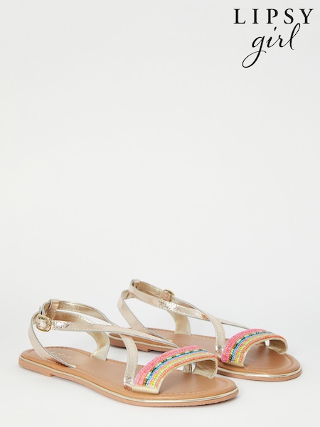 Lipsy Gold Embellished Beaded Leather Flat Sandal (R64272) | €23 - €29