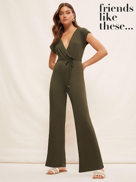 Friends Like These Khaki Jersey Wide Leg Wrap Style V Neck Summer Jumpsuit (R64579) | €11.50