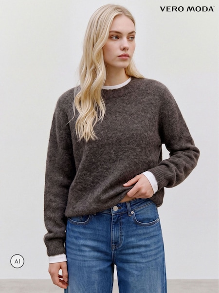 بني - Vero Moda Round Neck Cosy Knitted Jumper