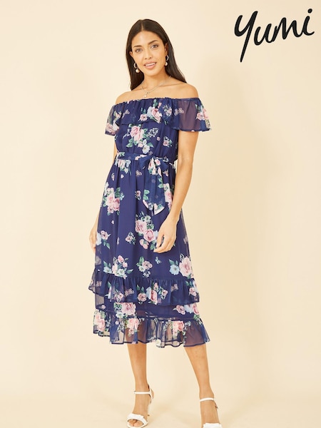 Синий в полоску - Yumi Floral Bardot Midi Dress With Frill Hem (R67636) | €17