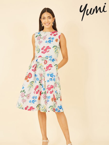 Yumi White Multi Botanical Floral Jacquard Skater Dress (R67656) | €21