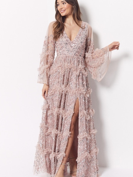 Maya Light Pink Premium Embellished Long Sleeve V-Neck Split Maxi Dress (R69120) | €167