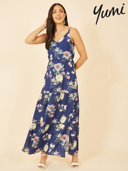 Yumi Blue Multi Floral Strappy Tiered Maxi Dress (R71923) | €16