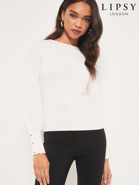 Elfenbein - Lipsy Langärmeliger Strickpullover mit Muschelkante (R72130) | 21 €