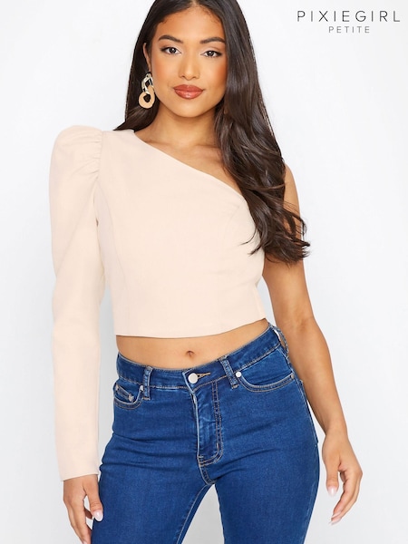 PixieGirl Petite Pink Ruched Sleeve One Shoulder Crop Top (R72808) | €17