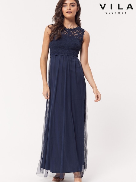 VILA Navy Sleeveless Lace And Tulle Maxi Dress (R73886) | €29