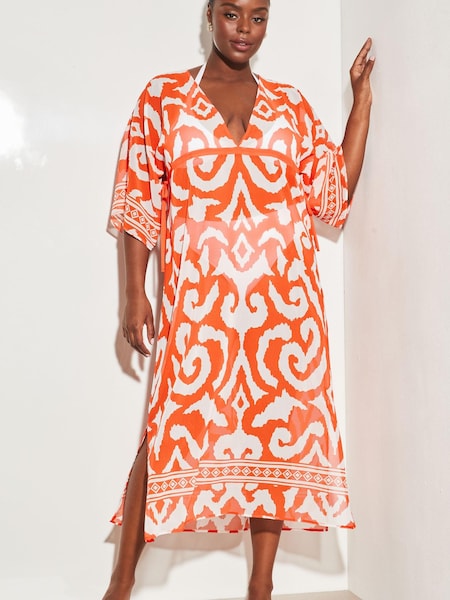Rot mit geometrischem Muster - Lipsy Bedruckter Kaftan mit V-Ausschnitt und Schlitz (R73891) | 27 €