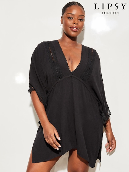 Lipsy Black Curve Crochet Lace Kaftan Cover Up (R73892) | €22