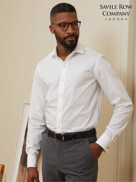 White - Regular The Savile Row Company Cotton Poplin Slim Fit Double Cuff Formal White Shirt