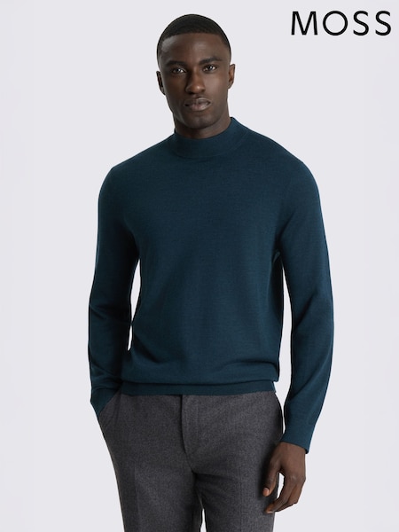 Mėlyna - Regular Moss Merino-blend Mock-neck Jumper