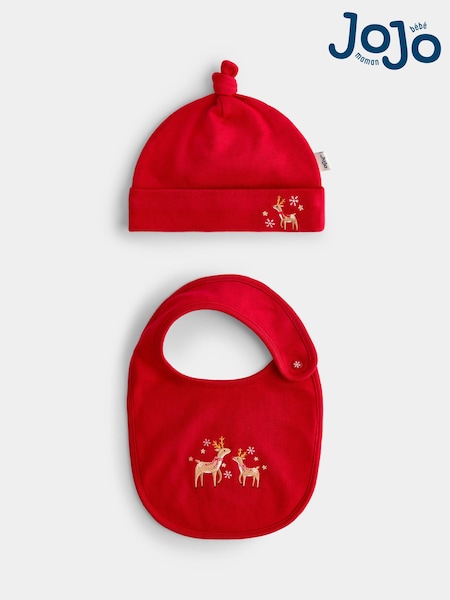 Red Reindeer - Jojo Maman Bébé 2-pack Hat & Bib Set