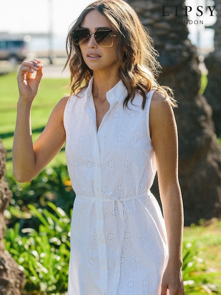 Weiße Lochstickerei - Lipsy Sleeveless Tie Waist Mini Holiday Shop Shirt Dress (R76747) | 16 €