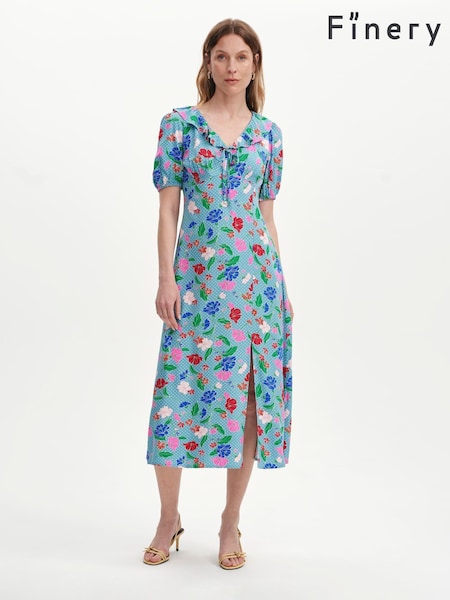 Blue - Finery Zeffira Frill Neck Midi Dress
