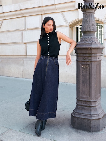 Blue - Ro&zo Zip Detail Denim Maxi Skirt