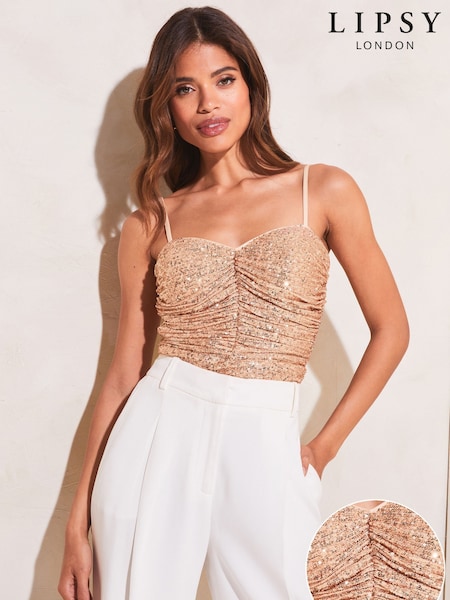 Lipsy Rose Gold Sequin Ruched Corset Cami Top (R83995) | 125 zł