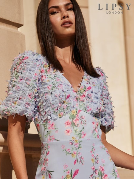 Lipsy Blue Printed 3D Flower Textured Skater Dress (R84206) | € 28
