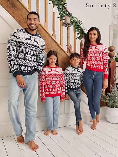 Society 8 Red Reindeer Fairisle Matching Family Reindeer Christmas Jumper (R84335) | €15