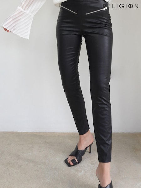 Черный - Religion Faux Leather Slim Zip Detail Trousers (R90360) | €18