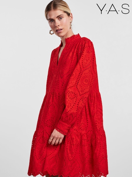 Y.A.S Red Broderie Long Sleeved Dress (R90509) | €57