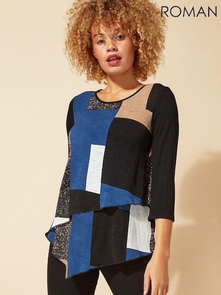 Roman Blue Longline Colour Block Hanky Hem Tunic (R91514) | €20