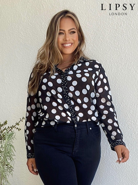 Lipsy Black / White Spot Curve Collared Button Through Shirt (R95610) | €17