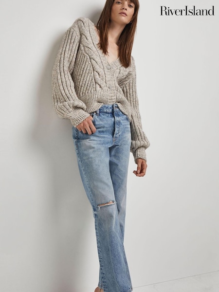 River Island Denim Blue Straight Mid Rise Ripped Jiggy Jeans (T01934) | €15