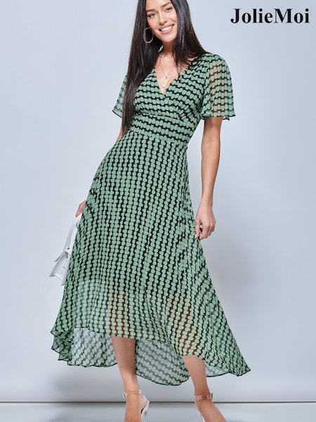 Jolie Moi Green V-Neck Pleated Chiffon Maxi Dress (T03238) | €54