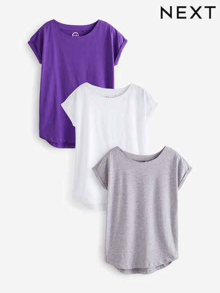 White/Grey Marl/Purple 100% Cotton Cap Sleeve T-Shirts 3 Pack (T06633) | 47 QAR