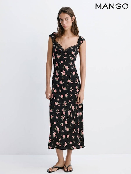Black - Mango Floral Printed Midi Dress